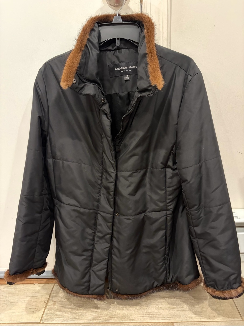 Andrew Marc Black Puffer Jacket with Brown Faux-Fur Trim Size M